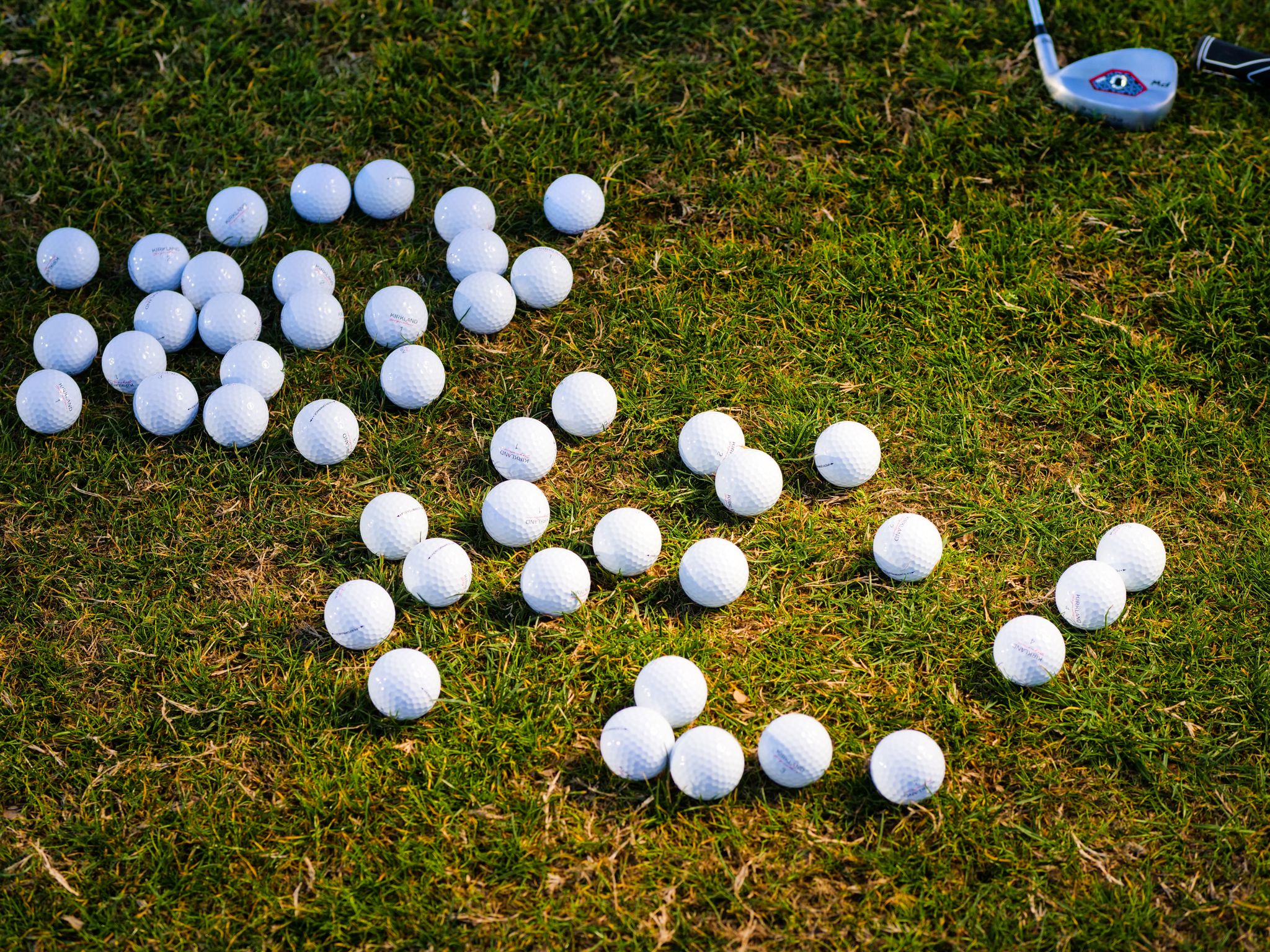 Golf balls scattered across green grass with a club visible, representing sports equipment.