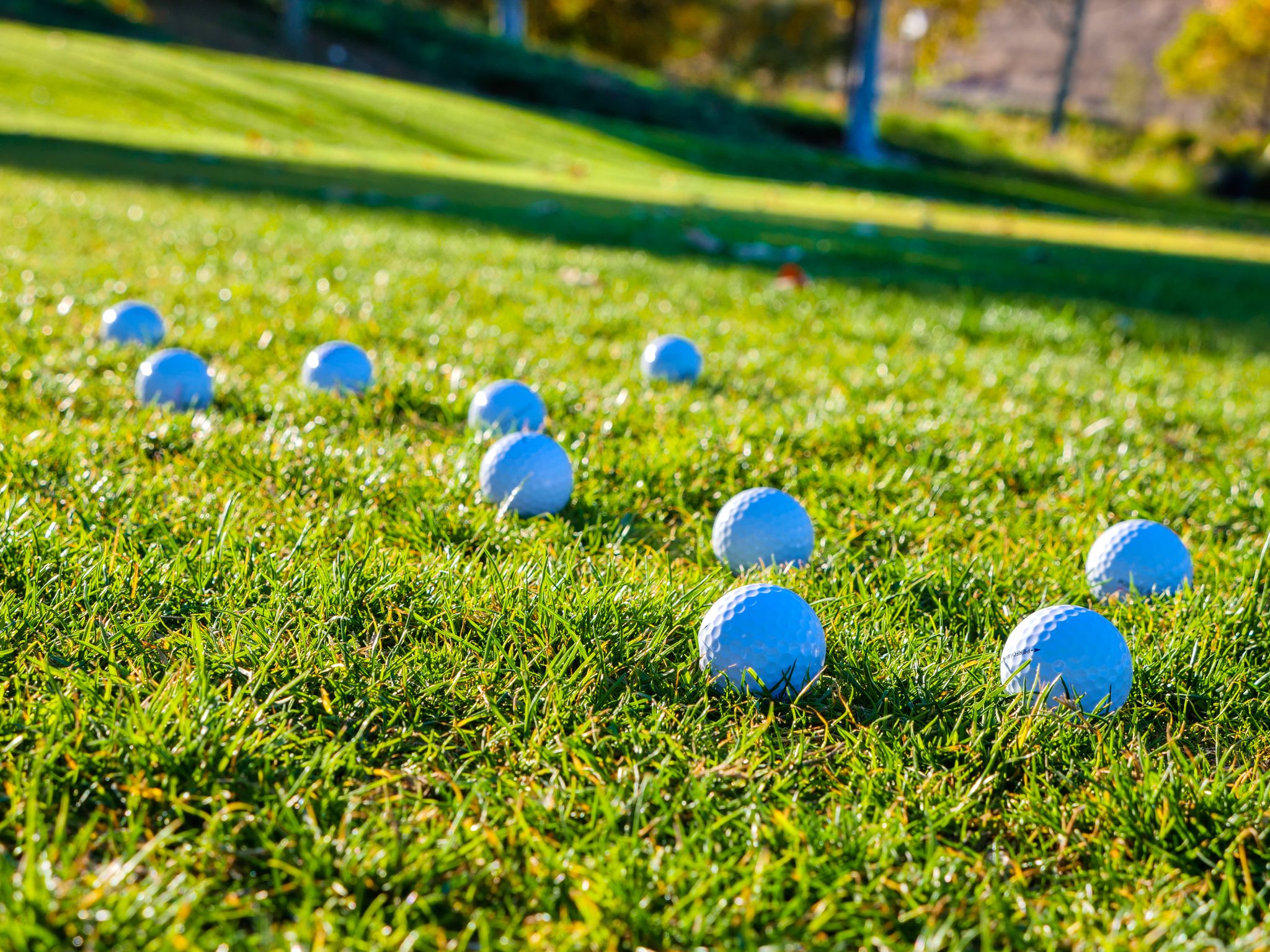 Golf balls scattered on a vibrant green fairway under sunny skies.
